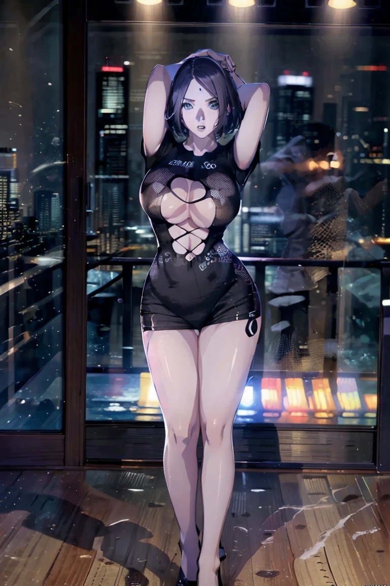 (masterpiece:1.4)、(highest quality:1.4)、ultra high resolution、beautiful features、20 year old woman、black very short hair、athletics uniforms、(huge breasts:1.2)、red face、serious expression、arena、stand、arms behind body