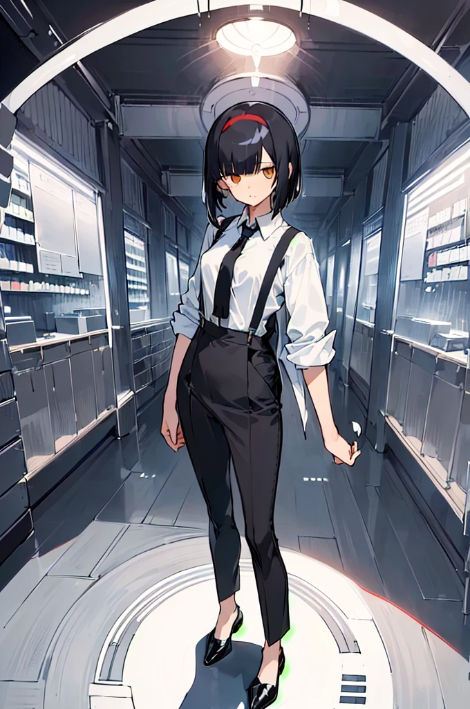 (((((shy girl))))), ((((shy posture)))), (((1 Girl))), (((standing up straight))), (((full body))), ((((flat chested)))), ((((Urabe Mikoto Mysterious Girlfriend X anime style haircut)))), ((((((((hair bangs over eyes)))))))), ((((eyes behind hair)))), (((black short messy bob-cut))), (((eyes not visible due to being covered by hair))), ((eyes not visible due to be hidden by hair bangs)), ((((black high-waist long slacks)))), ((black suspenders)), (((black tie))), (((women's dress shirt))), ((women's dress shoes)), (((20-year-old Office Lady))), ((((Office Setting)))).
