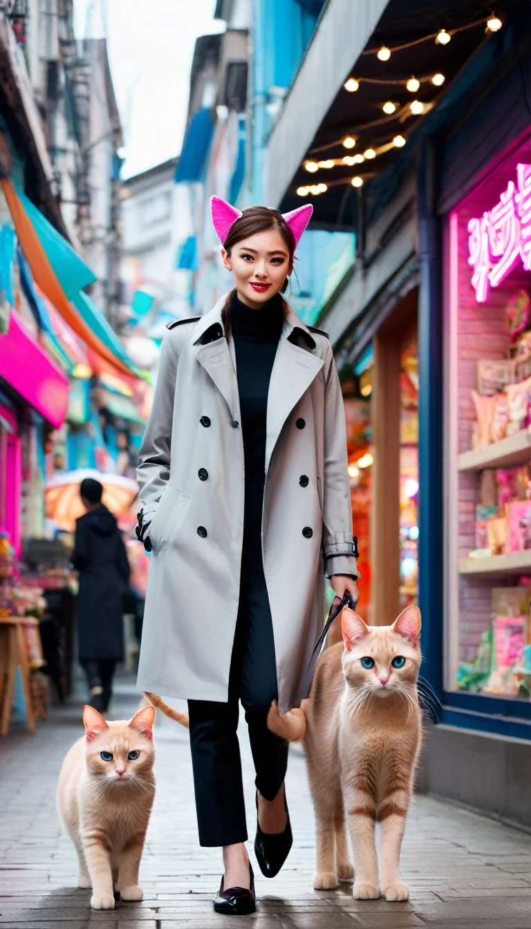 A tall male cat person,With brown cat ears and cunning eyes,Wearing a stylish grey trench coat and black trousers,Two slender animal legs take steady steps。Next to her is a petite and cute female cat person,She has pink cat ears and lively blue eyes,Wearing a white lace dress and pink high heels,Two people walking hand in hand on the busy street。Street background,Many shops,Colorful store decoration,Neon lights flashing。The passers-by have different appearances,Some hurried on their way,Some stopped and watched,The whole picture is full of life。