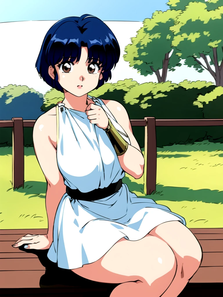 HDR, CG, sharp focus, (8k), (4k), masterpiece, best quality, detailed skin, extremely detailed, hiper detailed,  sharp focus, looking at viewer, high quality,  AKANE, Akane tendou, short hair, blue hair, brown eyes ,curtain pelvic DRESS,  tetas grandes bush, solo, 1girl, sit on bench, park background, hands on chest, heels,  white dress,
