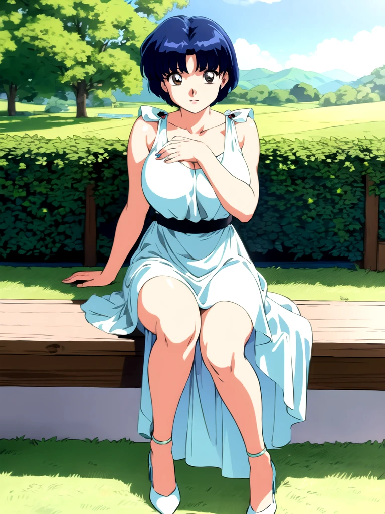HDR, CG, sharp focus, (8k), (4k), masterpiece, best quality, detailed skin, extremely detailed, hiper detailed, sharp focus, looking at viewer, high quality, AKANE, Akane tendou, short hair, blue hair, brown eyes ,curtain pelvic DRESS, tetas grandes bush, solo, 1girl, sit on bench, park background, hands on chest, heels, white dress,