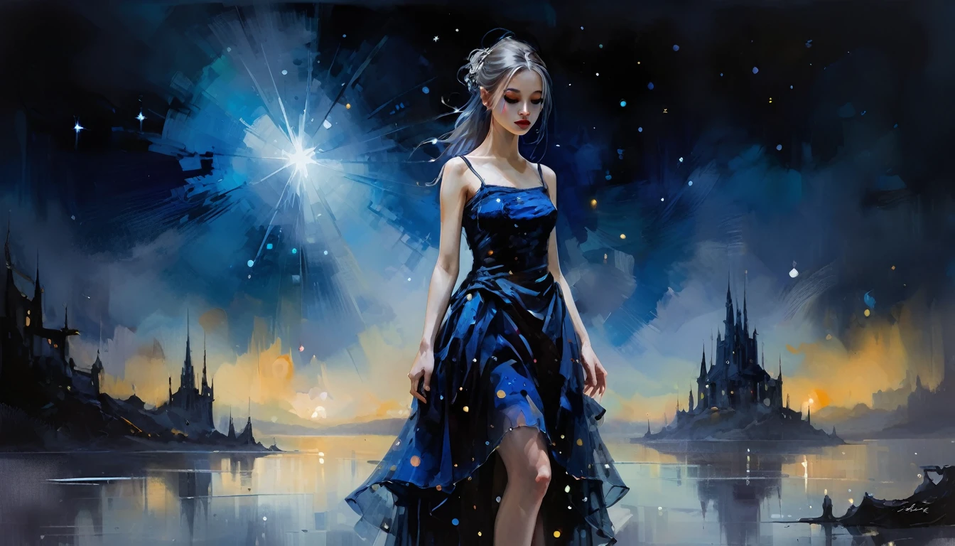 vestido preto, gothic, bailarina, dream scenario,arte conceitual,arte digital,Direction: Anne Bachelier,a glowing circle of neon color,
A woman wearing a long blue dress with her hair tied up stands against the background of a dark blue night sky. Her long dress is decorated with star dots,which appear to be the reflection of stars in the night sky. Mystery and romance,starry sky,universe and infinite space of imagination,realista e abstrato,sonhador e surrealista,the use of colors is very unique. O fundo azul escuro forma uma unidade harmoniosa com o vestido azul feminino,but also highlights the feminine image,star beautification adds a touch of vitality and vitality to the image,making the whole image more vivid and interesting,unique creativity and exquisite painting,misterioso,romantic and surreal atmosphere,full of imagination,oil and watercolor painting,