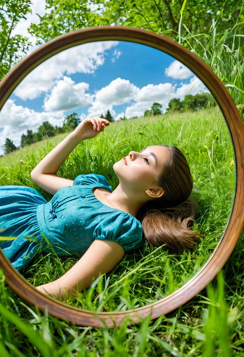 The image shows a girl lying on the grass in a field, looking into a round mirror. The mirror has a wooden frame and is surrounded by trees. The girl is wearing a blue dress and has her hair up. The trees in the background are green and the sky is visible.
