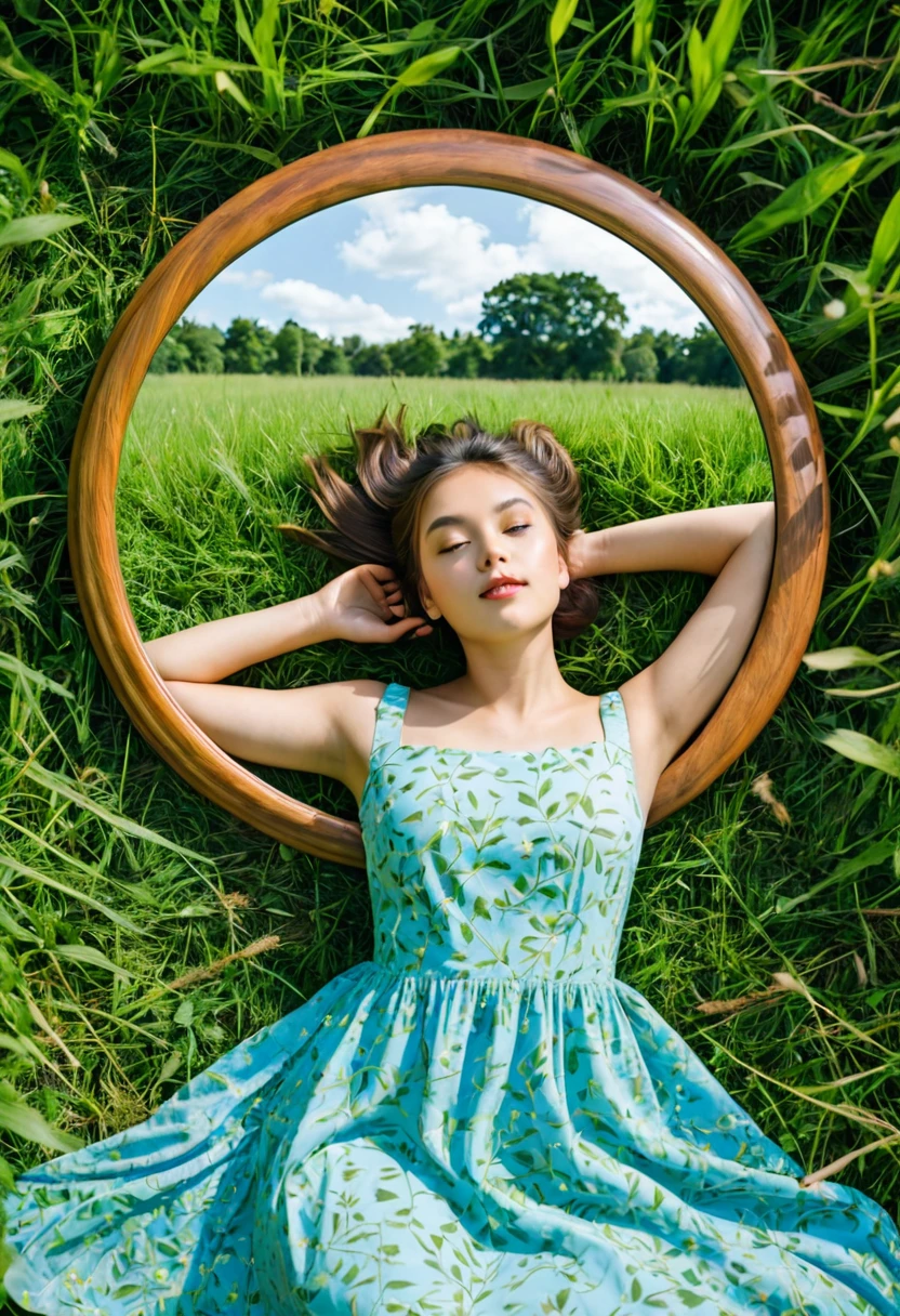 The image shows a girl lying on the grass in a field, looking into a round mirror. The mirror has a wooden frame and is surrounded by trees. The girl is wearing a blue dress and has her hair up. The trees in the background are green and the sky is visible.
