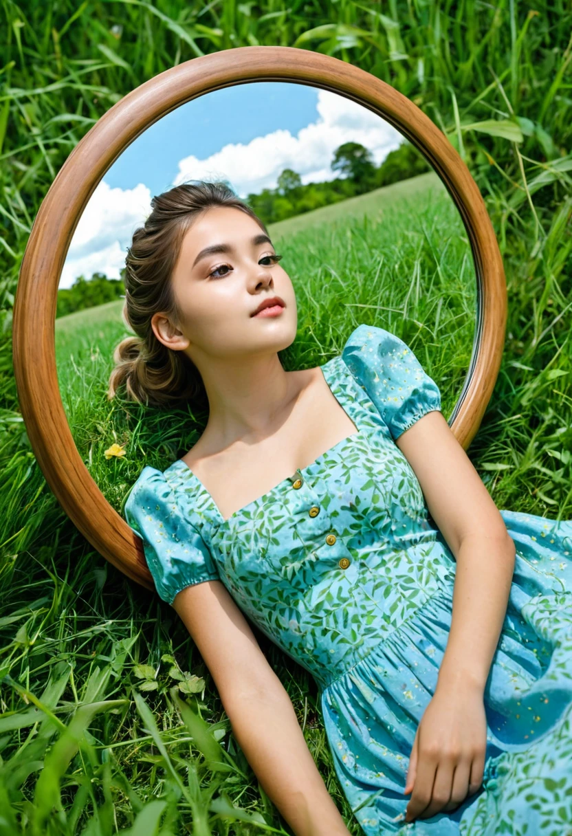 The image shows a girl lying on the grass in a field, looking into a round mirror. The mirror has a wooden frame and is surrounded by trees. The girl is wearing a blue dress and has her hair up. The trees in the background are green and the sky is visible.