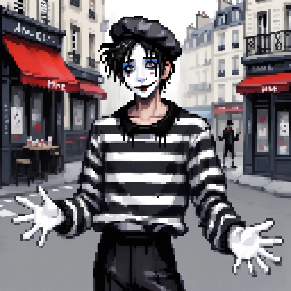adult tall male mime, shirt grunge, sketchy lines, messy hair, black hair, wearing a beret, score_8_up, score_9_up,happy, has mime makeup on, wearing a mime outfit, dark blue eyes, performing on the streets of paris, showing full body, on a city street, solo, alone, (SOLO)(ALONE) Dancing, arms out, hands open