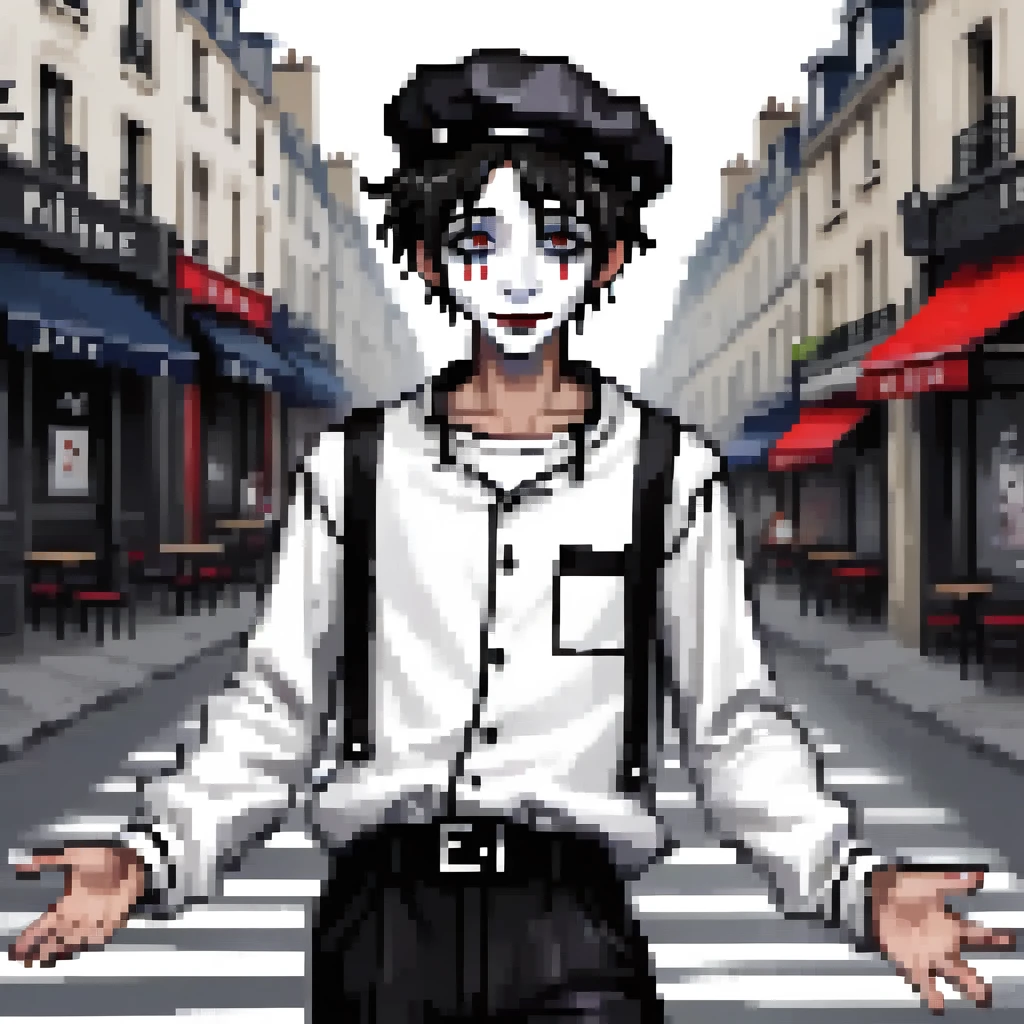 adult tall male mime, shirt grunge, sketchy lines, messy hair, black hair, wearing a beret, score_8_up, score_9_up,happy, has mime makeup on, wearing a mime outfit, dark blue eyes, performing on the streets of paris, showing full body, on a city street, solo, alone, (SOLO)(ALONE) Dancing, arms out, hands open