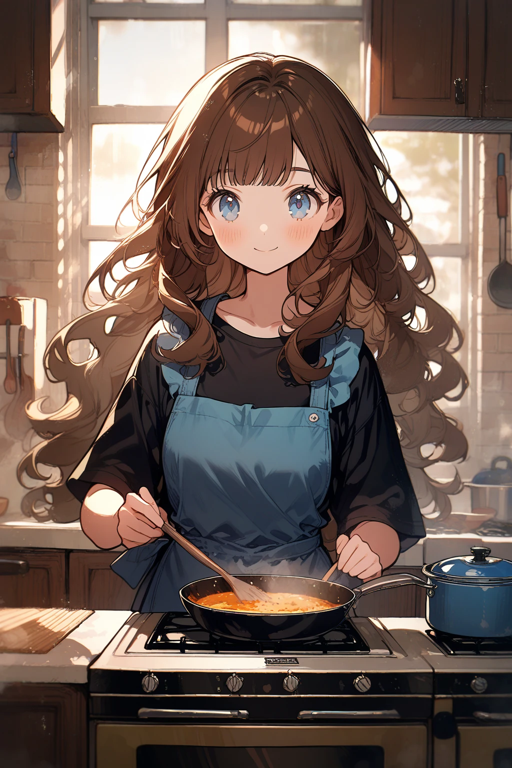 1 girl, CuteStyle, upper body, blue eyes, brown hair, long hair with bangs, dressed in a black T-shirt, wearing a blue cooking apron, standing in the kitchen, cooking, standing near the stove, window, light, the sun's rays make their way through the window, specks of dust in the air, focusing, blurred background, looking at the viewer, blush, happy smile, happy eyes, detailed, beautiful, gentle tones