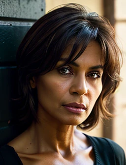 a lean 55 year old woman, messy hair, Egyptian features, mature, toned, full breasts, shoulder-length brown hair, pretty yet masculine, dark complexion, green eyes, phone photo style, 55 year old, warn clothes, dramatic, chiaroscuro, dark prison, top down