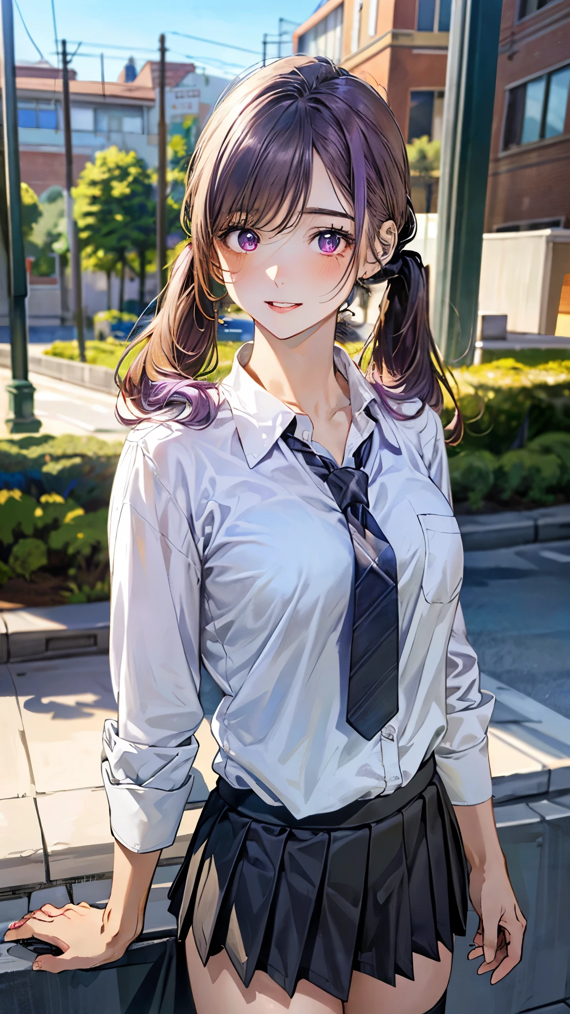(masterpiece:1.3, top-quality, ultra high res, ultra detailed), (realistic, photorealistic:1.4), beautiful illustration, perfect lighting, natural lighting, colorful, depth of fields, ,
beautiful detailed hair, beautiful detailed face, beautiful detailed eyes, beautiful clavicle, beautiful body, beautiful chest, beautiful thigh, beautiful legs, beautiful fingers, shiny skin, 
looking at viewer, 1 girl, high school girl, (perfect anatomy, anatomically correct, super detailed skin), cute and symmetrical face, babyface, perfect face, perfect eyes, slender, 
(long hair:1.5, low twintails:1.5, light purple hair), swept bangs, gold eyes, drooping eyes, big eyes, long eye lasher, (medium breasts, seductive thighs), skin dendation, 
(detailed cloth texture, dark red tie, long sleeves light brown cardigan:1.2, light grey pleated skirt, white collared shirt), white thigh-high, 
(beautiful scenery), day time, (cityscape:1.1), standing, (lovely smile, upper eyes, parted lips), 