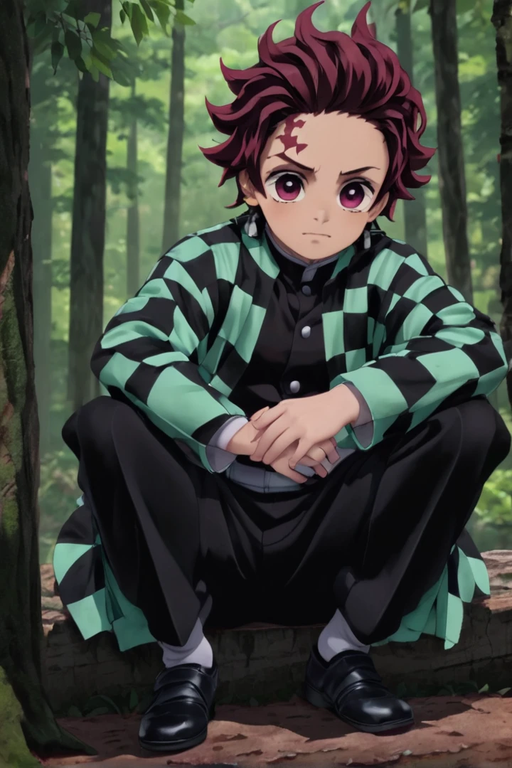 1boy,Juvenal, ultra detailed face
masterpiece, ultra detail, forest,  (upper body:1.4), tanjiro, checkered clothes,demon slayer uniform, black pants, sitting
