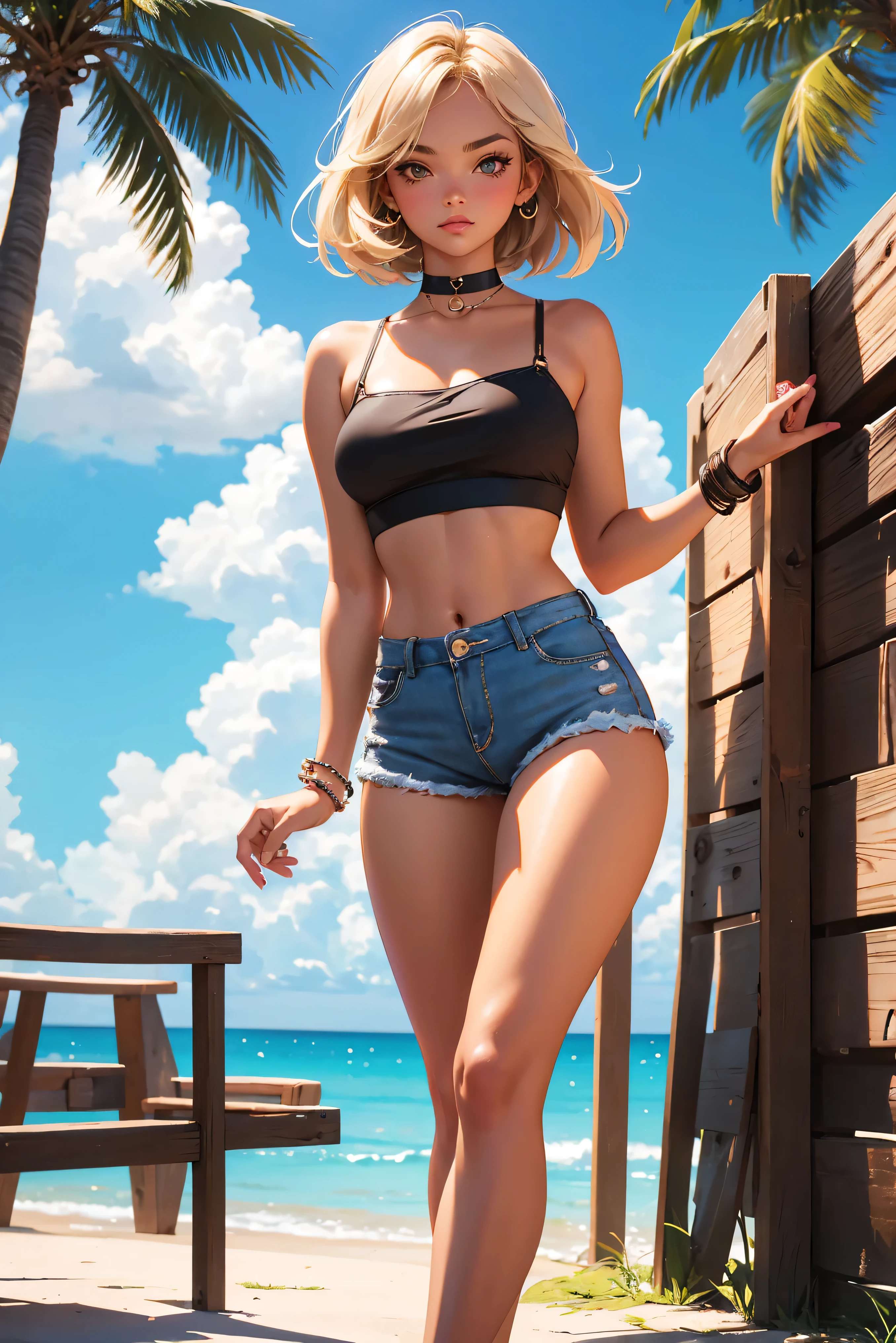age girl-model 18 years old, beautiful, tanned, blonde, bob hair, bangs, brown eyes, beautiful figure, girl wearing crop shirt and too short mini shorts, beautiful long legs, slave bracelets, slave choker, manicure, cute makeup, flirtatiously posing, hot summer, hot flirty, sexy posing, summer outfit, top quality, higest quality, pin-up style, retro 80s style, Daisy Dukes style, Miami vibes,