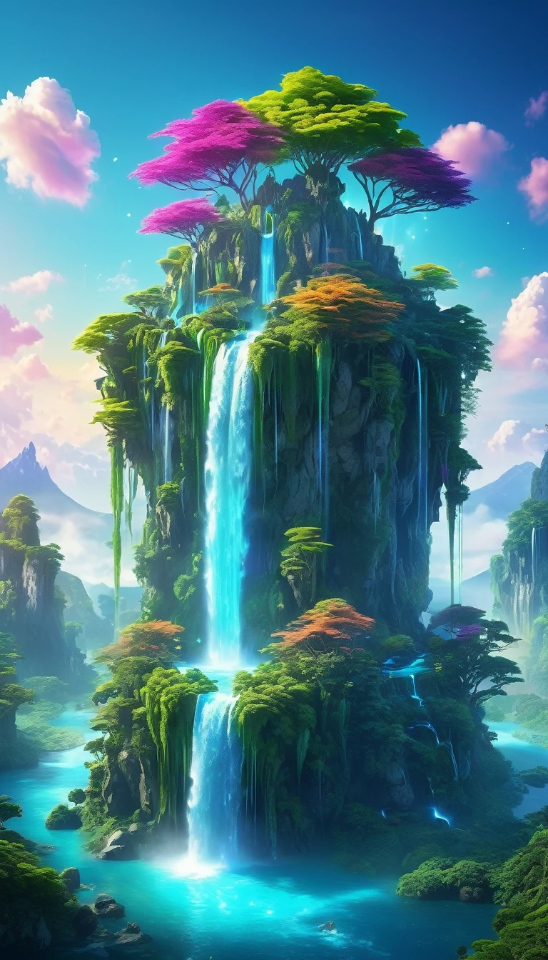 Enchanting fantasy landscape、Floating Island々、Cascading Waterfall、glowing plants、Mystical Creatures、Fantastic Light、Bright colors、dream-like、Very detailed、4K resolution」