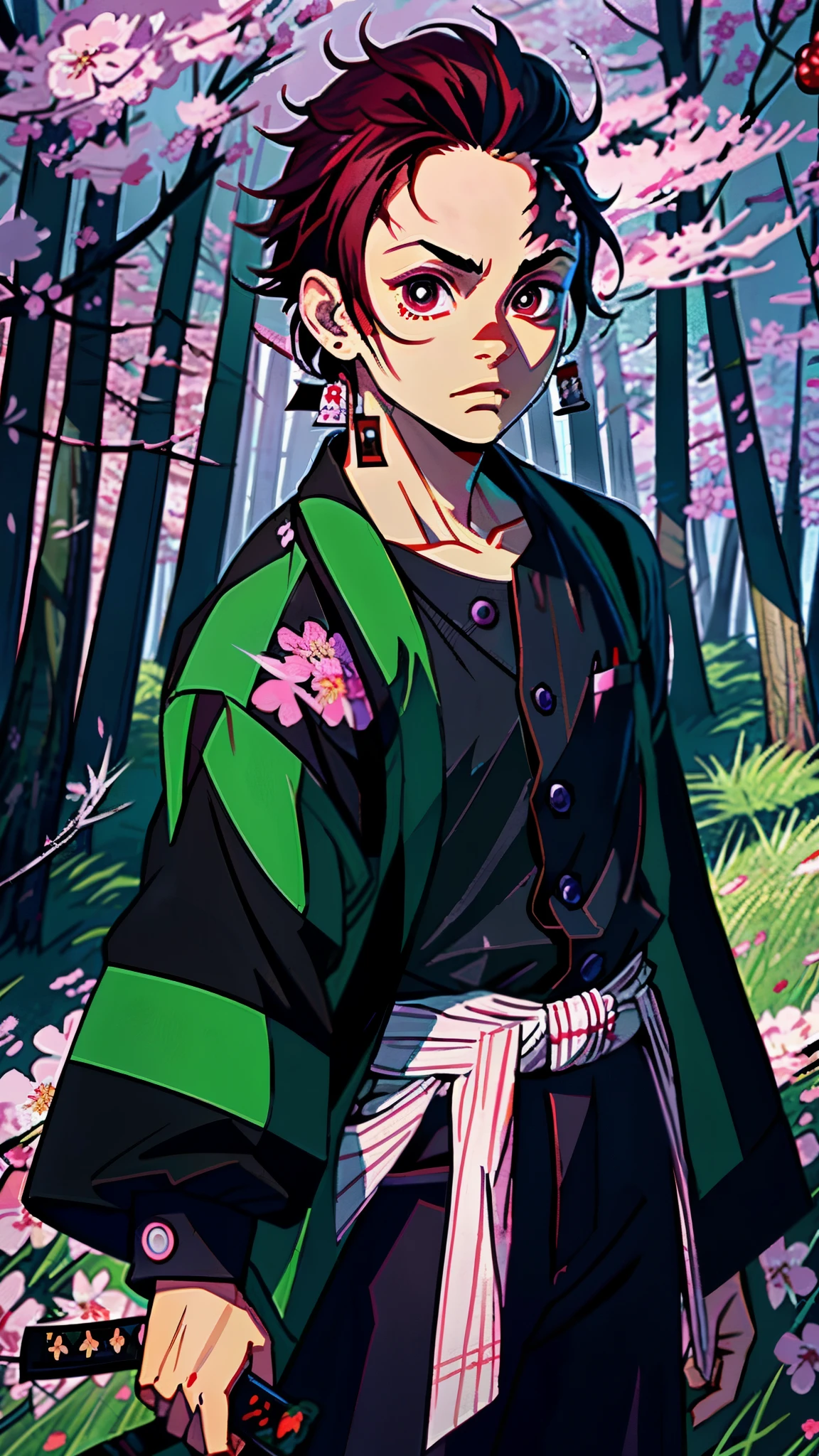 (Tanjiro), (Scar, Scar on forehead, Checkered Clothes, man, Red Hair:1.2), ((OriginalOutfit)), (green and black checkered jacket, black shirt, black baggy pants:1.2), (holding a katana:1.5), (male), (cherry blossom forest background, forest, grass, cherry blossom flowers:1.5), (realistic:1.2), (masterpiece:1.2), (full-body-shot:1),(Cowboy-shot:1.2), neon lighting, dark romantic lighting, (highly detailed:1.2),(detailed face:1.2), (gradients), colorful, detailed eyes, (natural lighting:1.2), (dynamic pose:1.2), (solo, one person, 1girl:1.5),