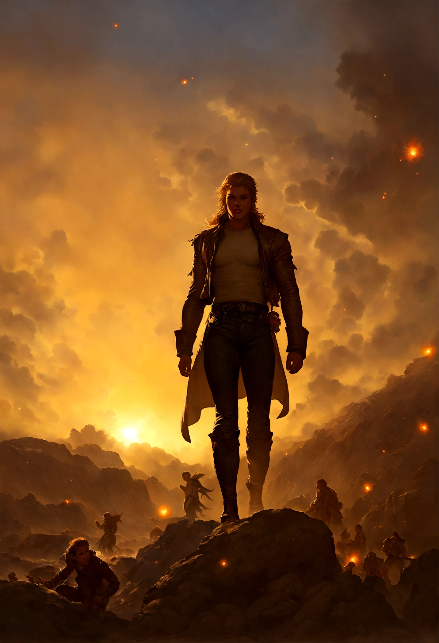full body image, fireballs falling from the sky, art by Patrick J. Jones, Donato Giancola, frank frazetta, Bastien Lecouf-Degarme, Jean-Baptiste Monge, dark, moody, true masterpiece of art, golden hour, photo realistic painting, cinematographic.