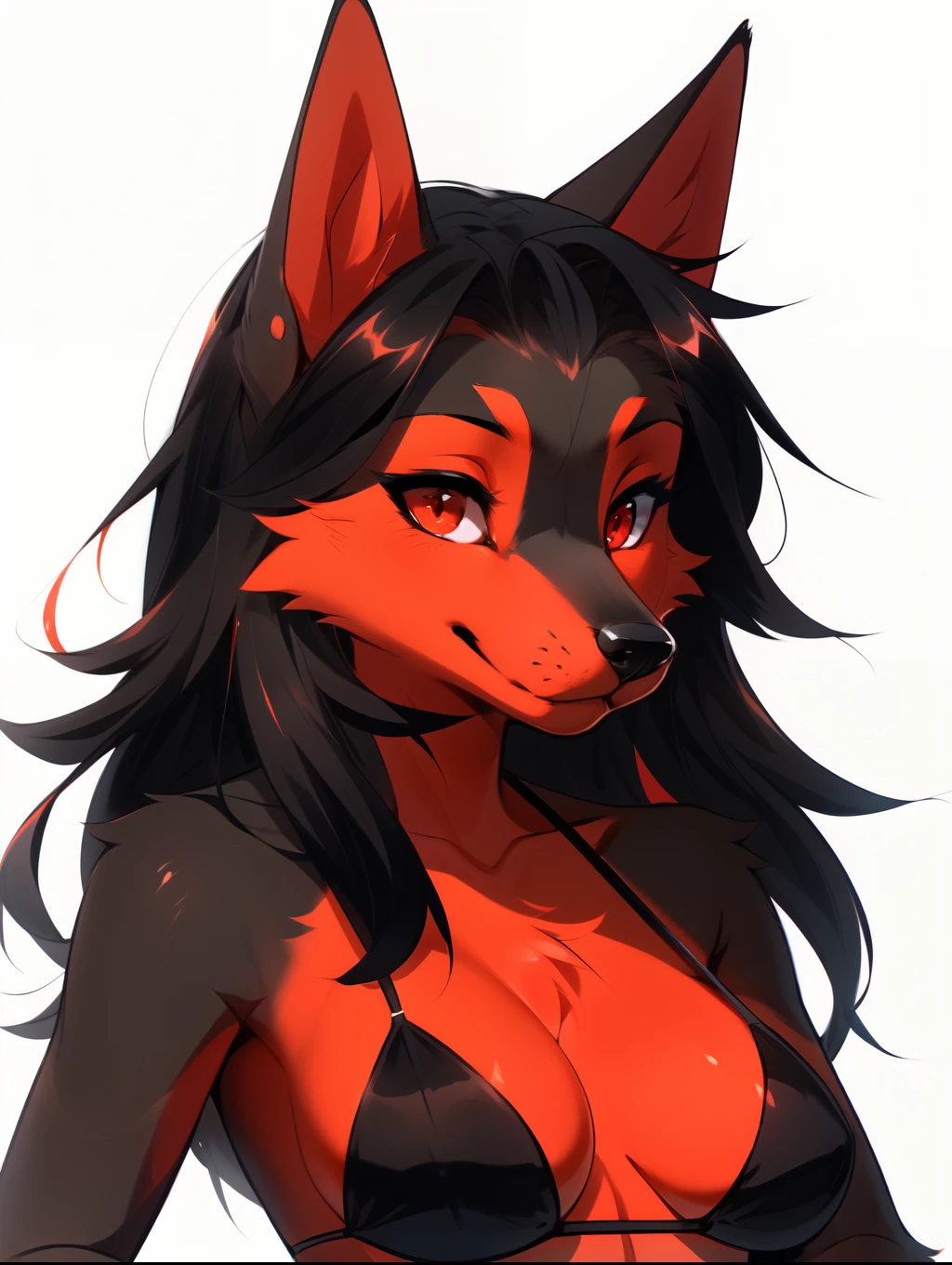 Solo, zoe, ((high quality)), black body red fur, (anthro) wolf, red eyes, wearing black bikini, barefoot, standing, hands on hips, white background, flat colors, by fumiko, by hyattlen, front view, close up, portrait