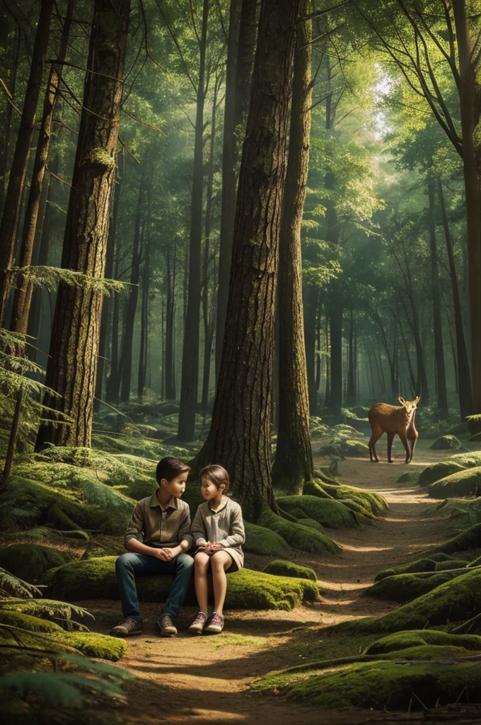 Draw a picture with a boy, a girl, and forest animals in the mysterious forest..