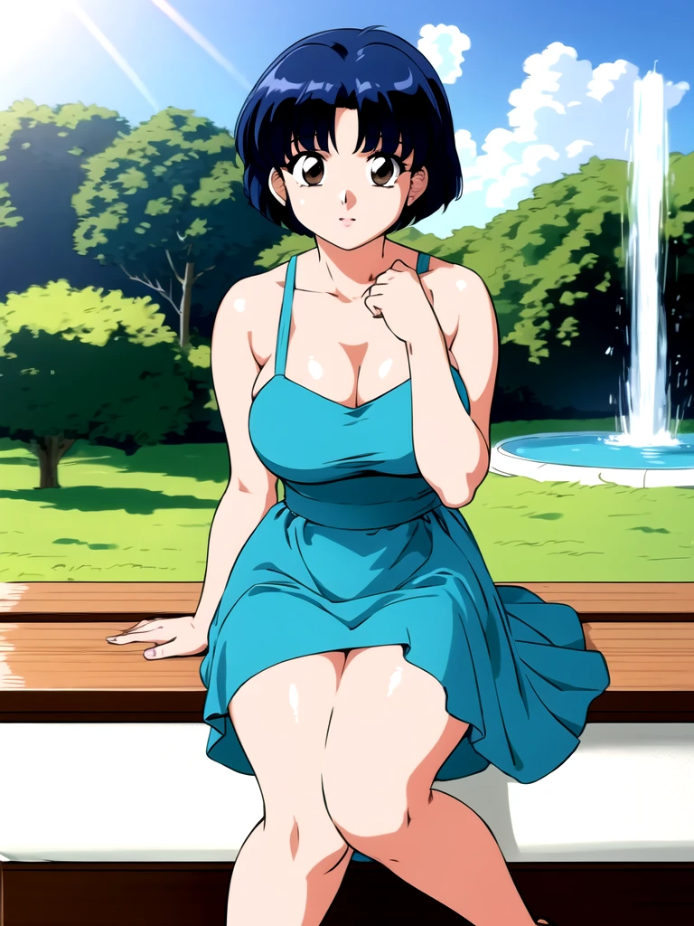 HDR, CG, sharp focus, (8k), (4k), masterpiece, best quality, detailed skin, extremely detailed, hiper detailed,  sharp focus, looking at viewer, high quality,  AKANE, Akane tendou, short hair, blue hair, brown eyes ,curtain pelvic DRESS,  tetas grandes bush, solo, 1girl, sit on bench, park background, hands on chest, heels,  white dress,
