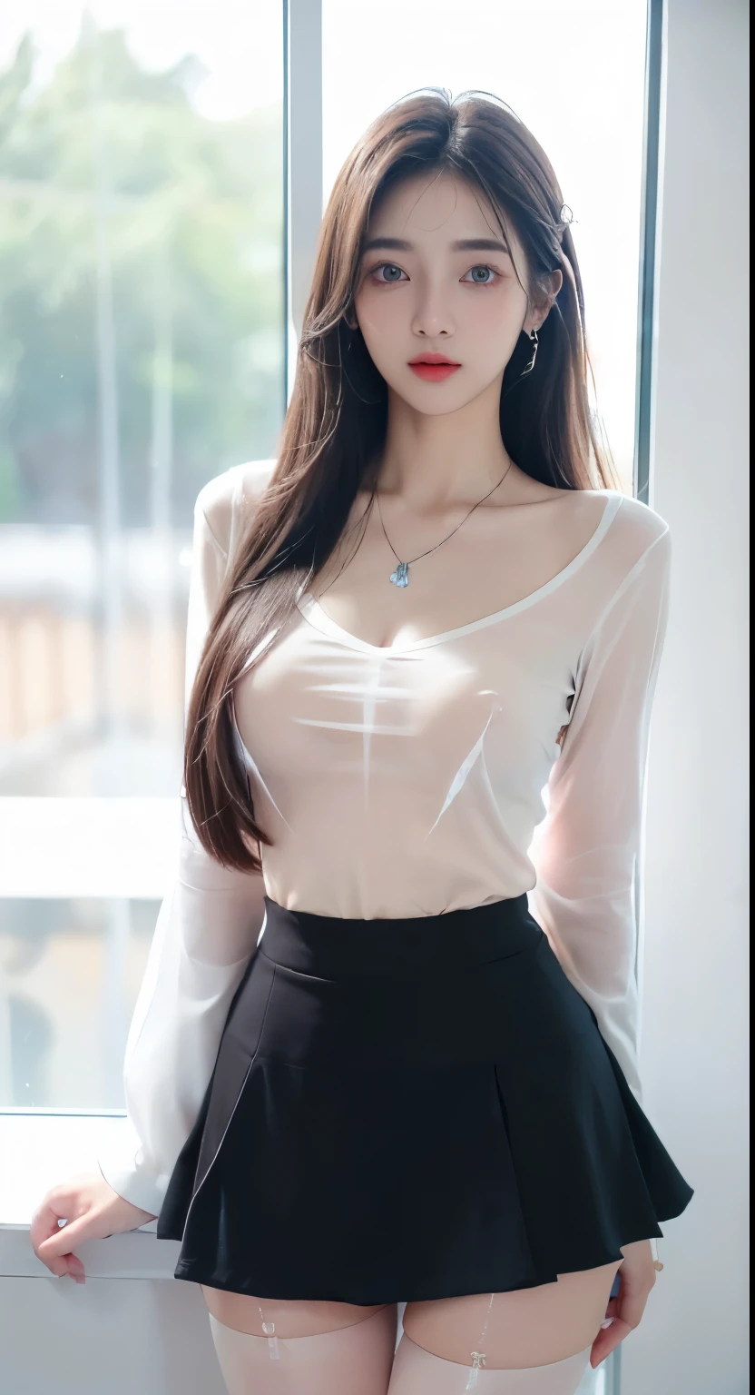 ((Best quality, 8k, Masterpiece :1.5)), Sharp focus :1.4, A 22 years old with perfect figure :1.6, Slender abs :1.3, korean , ((K-Pop idols)), 、((full body)), ((standing), high resolution, full body, , (detailed office clothing, ((Aroused: 1.5))), ((detailed tight transparent shirt, (Aroused: 1.5))), ((detailed nipples see throught shirt)) , ((detailed mini short skirt)), ((detailed pantyhose)), ((detailed face )),, ((The large Office)), open shirt show, fair white skin、shiny white skin、(wavy blonde hair)、((dynamic pose)), ((sexy pose)), (the office central luxury), Top image quality、ultra-high-resolution、22-year-old Korean、, fair white skin、shiny white skin、bright silver long hair、light white long hair、、Beautiful eyes with random colors、Very thin lipeautiful eyes finely detailed、elongated eyes、pale pink blush、long eyelash、Beautiful double eyelids、eyeshadows、neckless、耳Nipple Ring、 dark brown hair、dark brown hair、Beautiful eyes with random colors、very thin lips, finely detail、elongated eyes、pale pink blush、long eyeslashes、Smilling, Beautiful double eyelid、Lighting that emphasizes beautiful skin、Lustrous skin 2, ((Layered long hair, Beauty breasts :1.3)) , (detailed breasts ),Highly detailed face and skin texture, Detailed eyes, Double eyelid, ((Aroused: 1.5)), night city view to window , Detailed