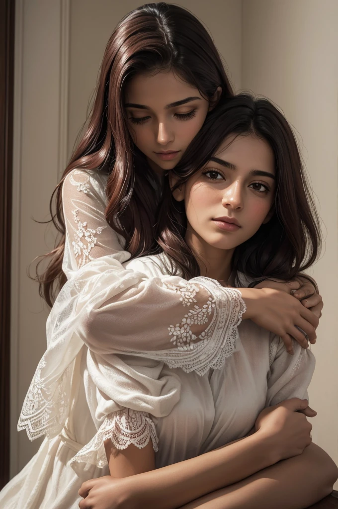 (best quality, Altas, master part:1.2),ultra-detalhado,(Realistic:1.37)
girl hugging an elderly man with love and empathy.
retrato, soft oil painting, pinceladas delicadas
brilhante, natural lighting fine lace details on Eleonora's white communion dress soft smile on Eleonora's face, radiating innocence gentle eyes with sparkling light carefully carved features on the elderly man's face, showing wisdom and experience subtle color palette, emphasizing the purity and serenity of the moment hauntingly beautiful atmosphere attention to the textures of the fabric, capturando a suavidade da roupa, nu
sombras e realces sutis, Enhance the depth and dimension of quality canvas painting, capturando cada detalhe intrincado
assinatura do artista, Agregando valor e autenticidade.