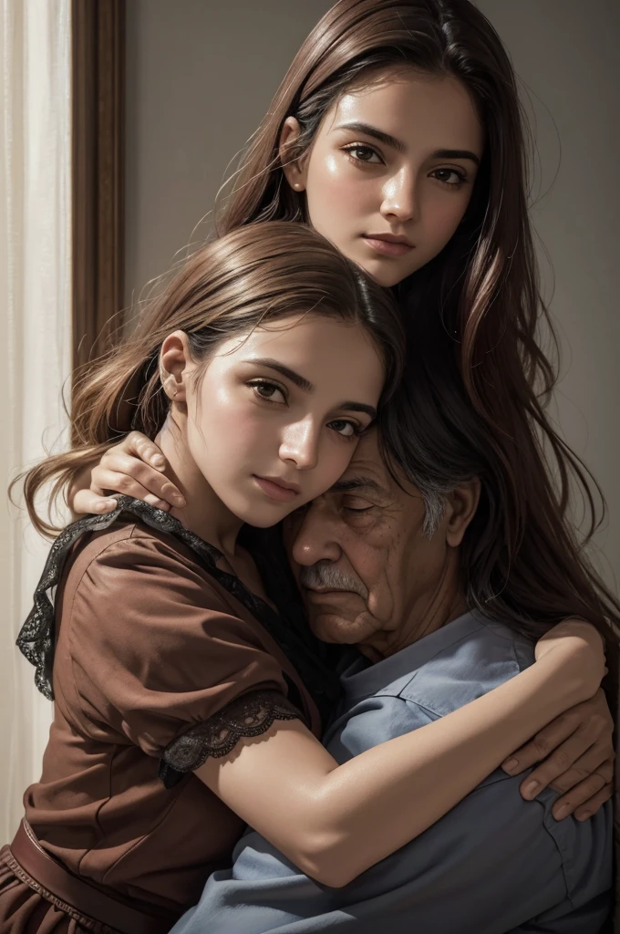 (best quality, Altas, master part:1.2),ultra-detalhado,(Realistic:1.37)
girl hugging an elderly man with love and empathy.
retrato, soft oil painting, pinceladas delicadas
brilhante, natural lighting fine lace details on Eleonora&#39;s white communion dress soft smile on Eleonora&#39;s face, radiating innocence gentle eyes with sparkling light carefully carved features on the elderly man&#39;s face, showing wisdom and experience subtle color palette, emphasizing the purity and serenity of the moment hauntingly beautiful atmosphere attention to the textures of the fabric, capturando a suavidade da roupa, nu
sombras e realces sutis, Enhance the depth and dimension of quality canvas painting, capturando cada detalhe intrincado
assinatura do artista, Agregando valor e autenticidade.