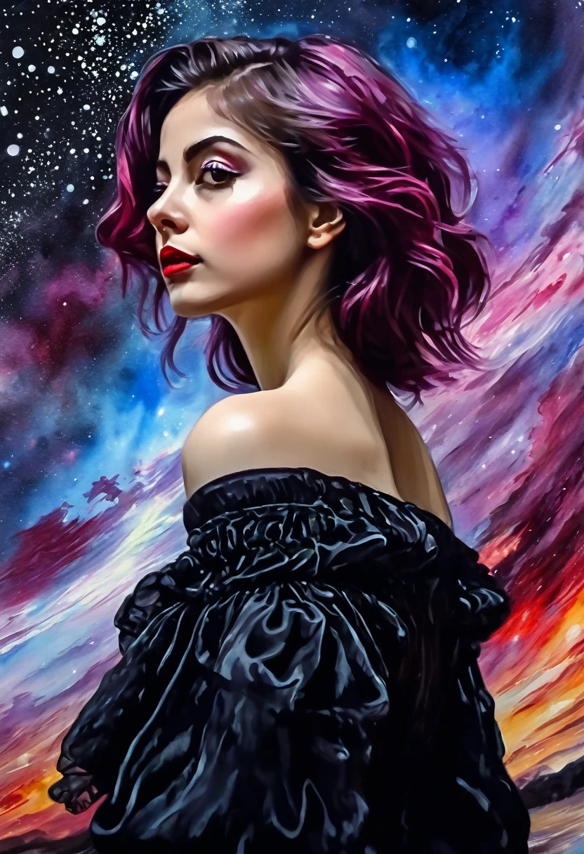 ((shoulder view)): [Young 1girl, Cute Black Chaos hurricane Bob To The Wind, ((style by El Greco/Tomas Mann/John Constable!)!) baroque::20]:BG[Nebula IC434 crimson/liliac] (Art by Slawomir-Maniak), Lush watercolor palette canvas/acrylic, Intricate, Extreme detailing, Complex key, ((Single Shot)), ((Best Quality)), ((Masterpiece)) , ((perspective)), (IDEAL body), 8K, impressionism: 0.2 Обои Full HD