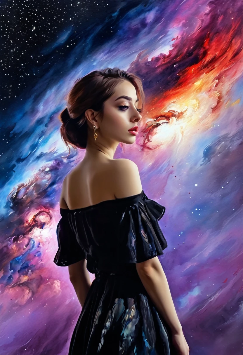 ((shoulder view)): [Young 1girl, Cute Black Chaos hurricane Bob To The Wind, ((style by El Greco/Tomas Mann/John Constable!)!) baroque::20]:BG[Nebula IC434 crimson/liliac] (Art by Slawomir-Maniak), Lush watercolor palette canvas/acrylic, Intricate, Extreme detailing, Complex key, ((Single Shot)), ((Best Quality)), ((Masterpiece)) , ((perspective)), (IDEAL body), 8K, impressionism: 0.2 Обои Full HD