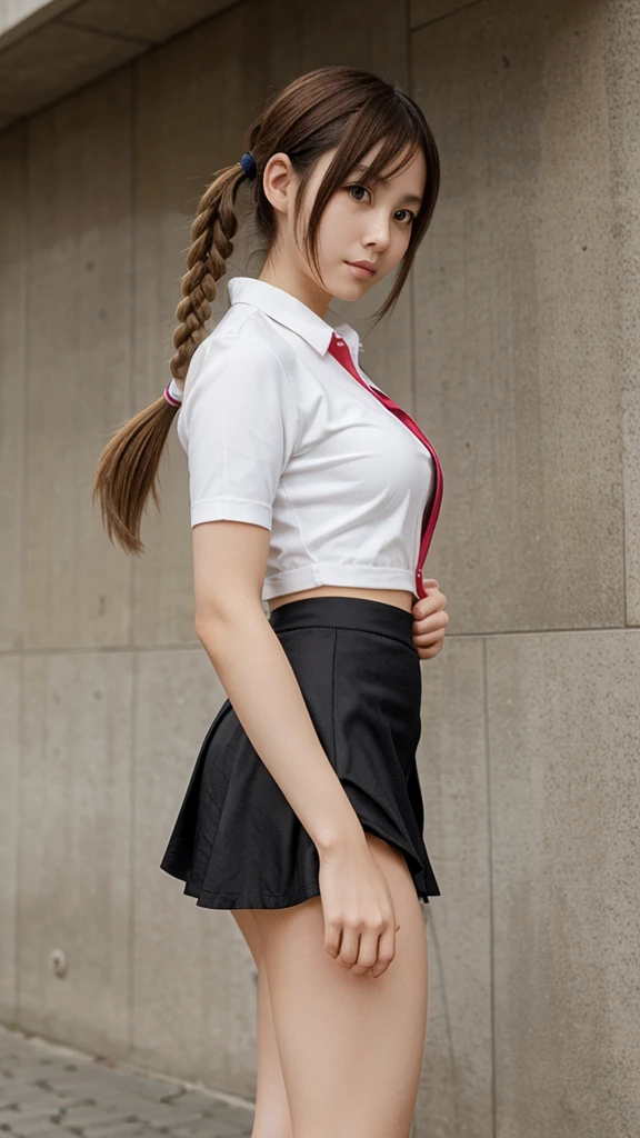 Anime girl in a very short skirt without yellow hair with pigtails on both sides.