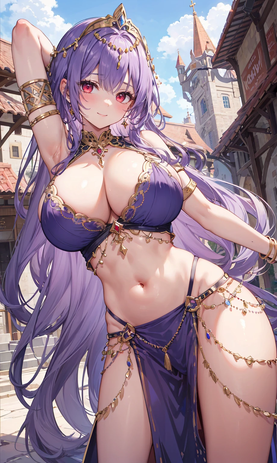 high quality, ultra detailed, best quality, insanely detailed, beautiful, masterpiece, 1girl, medieval plaza, cowboy shot, red eyes, long hair, purple hair, belly dancer, circlet, earrings, armlets, bracelets, bashful smile, large breasts, cleavage, soft stomach
