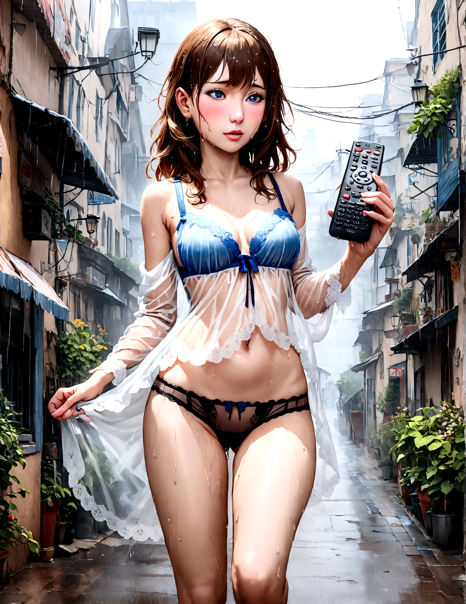 masterpiece, absurdres, ultra high res,(photo realistic:1.4),1 girl,big laugh, 18 yo,medium breasts,brown medium hair, ((heavy rain, fog, wet, see through)),(blue high ,nounderwear),standingschoolentrance,A woman with an adult toy between her legs, squirming under the remote control operation of Tobikko,The crotch is dripping with a bewitching love juice, which is coating the underwear and inner thighs.She looks at me with a blush on her face.,underwear,city view,