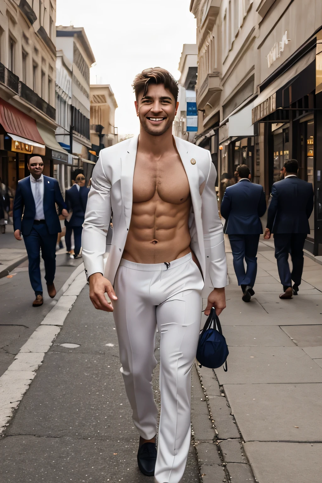 Roman todd is walking shirtless in a paded suit on a City Street. He got attention. He smile. He just wear the paded suit with no Shirt inside.