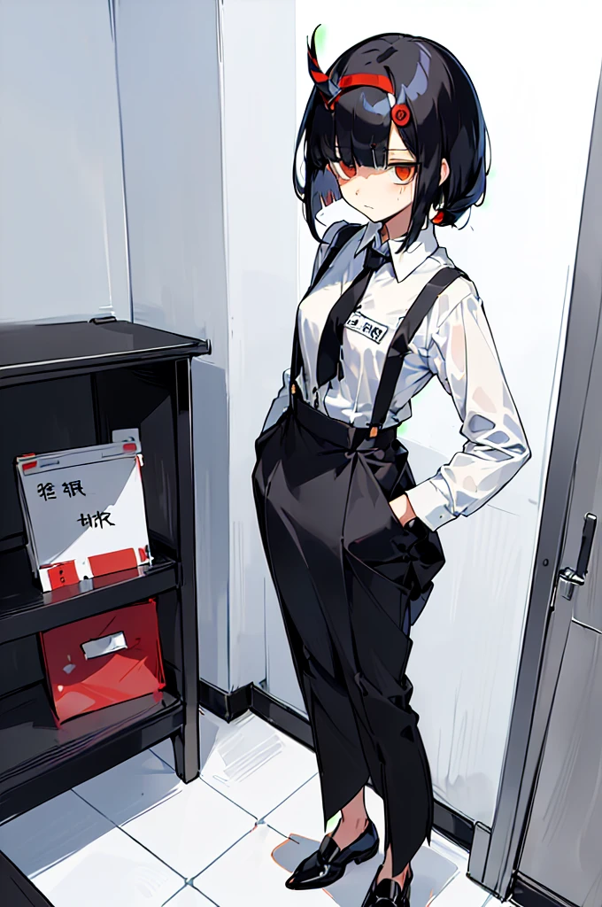 (((((shy girl))))), ((((shy posture)))), (((1 Girl))), (((standing up straight))), (((full body))), ((((flat chested)))), ((((Urabe Mikoto Mysterious Girlfriend X anime style haircut)))), ((((((((hair bangs over eyes)))))))), ((((eyes behind hair)))), (((black short messy bob-cut))), (((eyes not visible due to being covered by hair))), ((eyes not visible due to be hidden by hair bangs)), ((((black high-waist long slacks)))), ((black suspenders)), (((black tie))), (((women's dress shirt))), ((women's dress shoes)), (((20-year-old Office Lady))), ((((Office Setting)))), ((name tag labeled "Kaiden"))