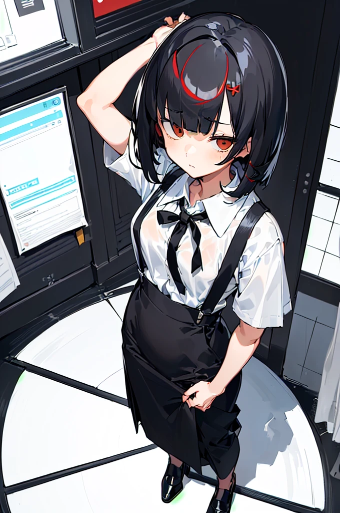 (((((shy girl))))), ((((shy posture)))), (((1 Girl))), (((standing up straight))), (((full body))), ((((flat chested)))), ((((Urabe Mikoto Mysterious Girlfriend X anime style haircut)))), ((((((((hair bangs over eyes)))))))), ((((eyes behind hair)))), (((black short messy bob-cut))), (((eyes not visible due to being covered by hair))), ((eyes not visible due to be hidden by hair bangs)), ((((black high-waist long slacks)))), ((black suspenders)), (((black tie))), (((women's dress shirt))), ((women's dress shoes)), (((20-year-old Office Lady))), ((((Office Setting)))), ((name tag labeled "Kaiden"))