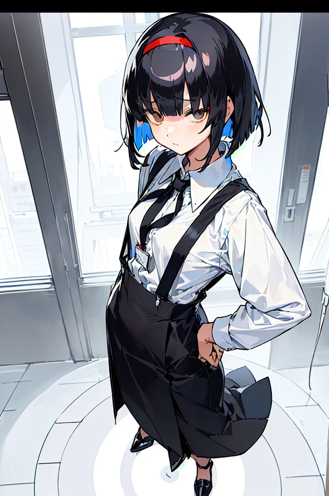 (((((shy girl))))), ((((shy posture)))), (((1 Girl))), (((standing up straight))), (((full body))), ((((flat chested)))), ((((Urabe Mikoto Mysterious Girlfriend X anime style haircut)))), ((((((((hair bangs over eyes)))))))), ((((eyes behind hair)))), (((black short messy bob-cut))), (((eyes not visible due to being covered by hair))), ((eyes not visible due to be hidden by hair bangs)), ((((black high-waist long slacks)))), ((black suspenders)), (((black tie))), (((women's dress shirt))), ((women's dress shoes)), (((20-year-old Office Lady))), ((((Office Setting)))), ((name tag labeled "Kaiden"))