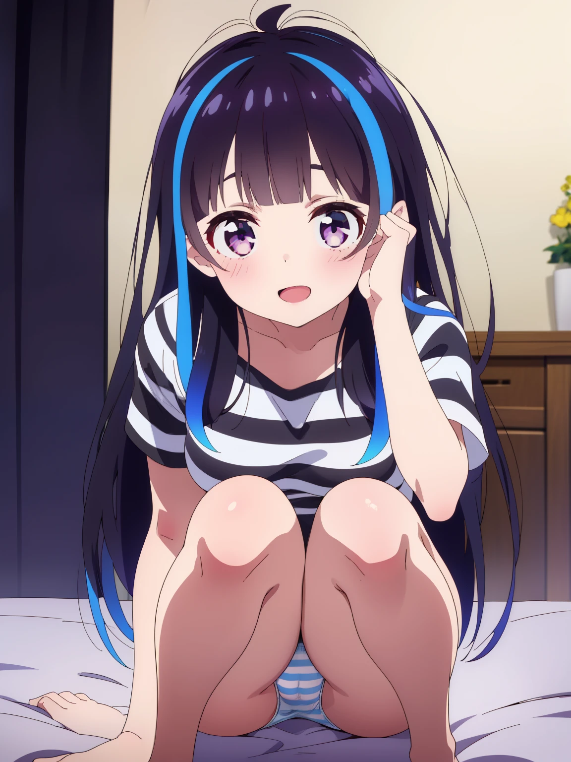Minya Johnson, Mini Yaemori, Long Hair, stripe, Black Hair, Blue Hair, (Purple eyes:1.1), Multicolored Hair, stripe contundente, Striped Hair, Ahoge,Break shirt, White shirt, Short sleeve, Clothing Lighting,Looking at the audience,Break (Tabletop:1.2), highest quality, High resolution, unity 8k wallpaper, (figure:0.8), (Beautiful and fine details:1.6), More detailed faces, Perfect lighting, Extremely detailed CG, (Perfect hands, Perfect Anatomy),Big spoiled、,(ブルーstripe々panties:1.3)、(Panties fully exposed:1.5)、(squat:1.Alpuro、outside of home、、Open mouth smile、Double teeth、show the grimpse、, View the viewer,