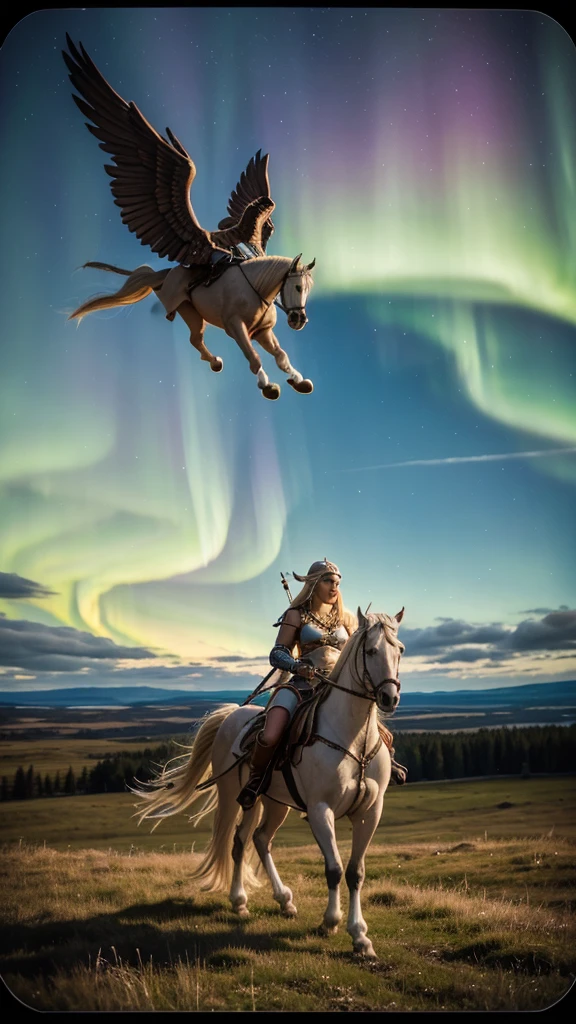 Pegasus mounted VIKING,
FLYING HIGH IN the SKY portrait of a fit teenaged model as Valkyrie, winged/horse Pegasus, flying above over ruins of a smoldering Viking battlefield, blond braids fling wildly, carrying a long pointed oak spear, looking down from above she swoops in from out of clouds,
wearing shining ornate Viking runes shield and armor, up above a majestic northern lights shimmering, Scandinavian woodland backdrop, detailed, candid moment, vintage Polaroid camera, photorealistic