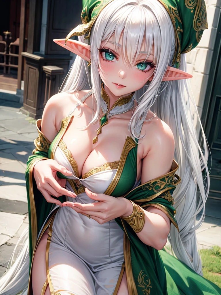 Hot girl elf, white hair, green eyes, licking my fingers, wedding drees