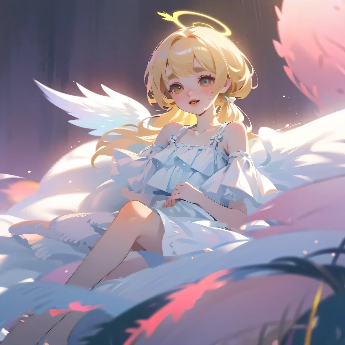 (High quality) (best quality) (A woman) (correct physiognomy) (best quality, 4k, 8K, high resolution, masterpiece: 1.2) woman, Extremely beautiful, Around 20 years old, long blonde hair with bangs on the back front, four small angel wings emerge from her head, two on the left side and two on the right side, two angel wings coming out of her back, a golden halo behind her head, golden eyes, sensitive lips, middle age, white dress with straps on the shoulders, skirt cut diagonally leaving one leg exposed, soft facial features, fine eyebrows, soft skin, slightly rosy cheeks, pink lips, silky eyelashes, dreamy expression, photo location the woman must be in a pond with water and fish in the middle of the forest, photo illuminated by sunlight, full body proportion, showing in the photo the body from head to torso