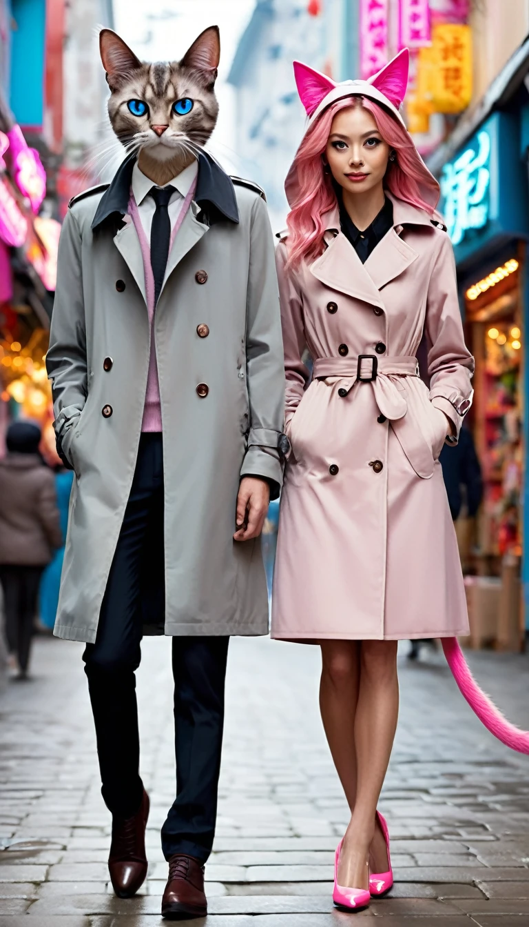 Anthropomorphic cat，A tall male cat，With brown cat ears and cunning eyes，Wearing a stylish grey trench coat and black trousers，Two slender animal legs take steady steps。Next to her is a petite and cute female cat，She has pink cat ears and lively blue eyes，Wearing a white lace dress and pink high heels，Two people walking hand in hand on the busy street。Street background，Many shops，Colorful store decoration，Neon lights flashing。The passers-by have different appearances，Some hurried on their way，Some stopped and watched，The whole picture is full of life。