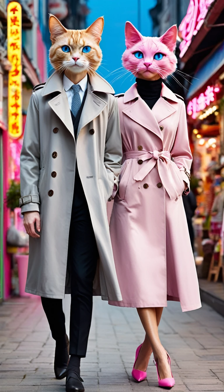Anthropomorphic cat，A tall male cat，With brown cat ears and cunning eyes，Wearing a stylish grey trench coat and black trousers，Two slender animal legs take steady steps。Next to her is a petite and cute female cat，She has pink cat ears and lively blue eyes，Wearing a white lace dress and pink high heels，Two people walking hand in hand on the busy street。Street background，Many shops，Colorful store decoration，Neon lights flashing。The passers-by have different appearances，Some hurried on their way，Some stopped and watched，The whole picture is full of life。