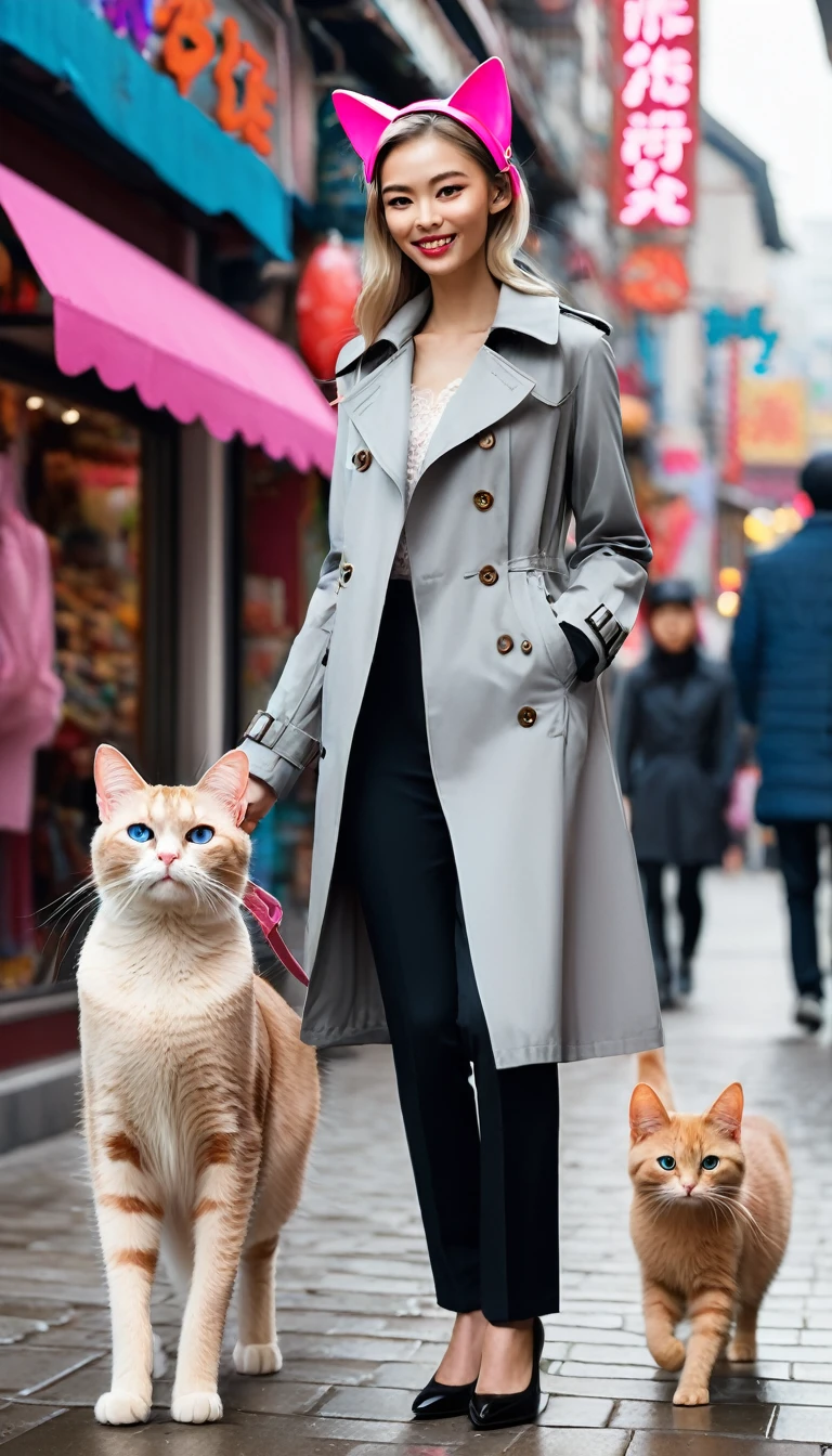 Anthropomorphic cat，A tall male cat，With brown cat ears and cunning eyes，Wearing a stylish grey trench coat and black trousers，Two slender animal legs take steady steps。Next to her is a petite and cute female cat，She has pink cat ears and lively blue eyes，Wearing a white lace dress and pink high heels，Two people walking hand in hand on the busy street。Street background，Many shops，Colorful store decoration，Neon lights flashing。The passers-by have different appearances，Some hurried on their way，Some stopped and watched，The whole picture is full of life。