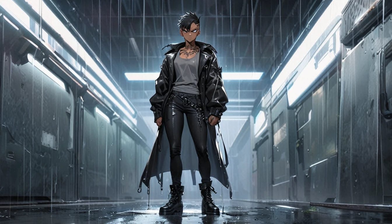 tanned skin, masculine badass, v-rays, thighs, posing aggressively, looking at us, raining, wet, dripping, shocking black hair, punk, cum gutters, v-line:1.5, futuristic elements, light body hair, black jeans with large boots, tattoos, ((athletic)), scowling, ((he is solo)), ((he is alone)), gray tank top, black leather coat
Estima