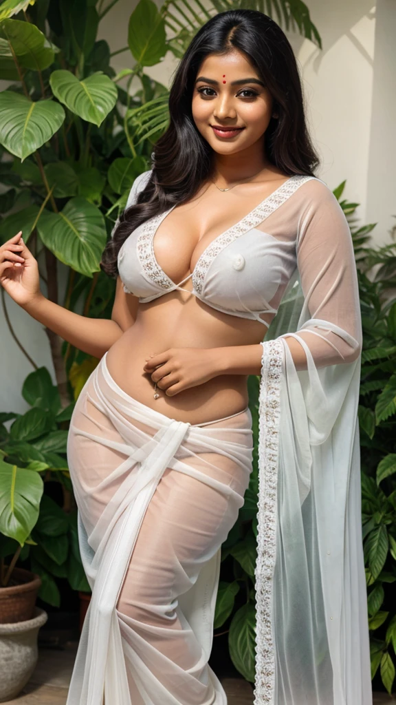 Indian bengali curvy women wearing transparent white saree without blouse and smiling