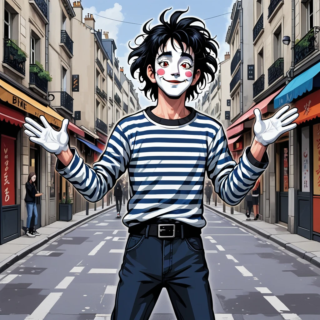 adult tall male mime, shirt grunge, sketchy lines, messy hair, black hair, wearing a beret, score_8_up, score_9_up,happy, has mime makeup on, wearing a mime outfit, dark blue eyes, performing on the streets of paris, showing full body, on a city street, solo, alone, (SOLO)(ALONE) Dancing, arms out, hands open, very happy