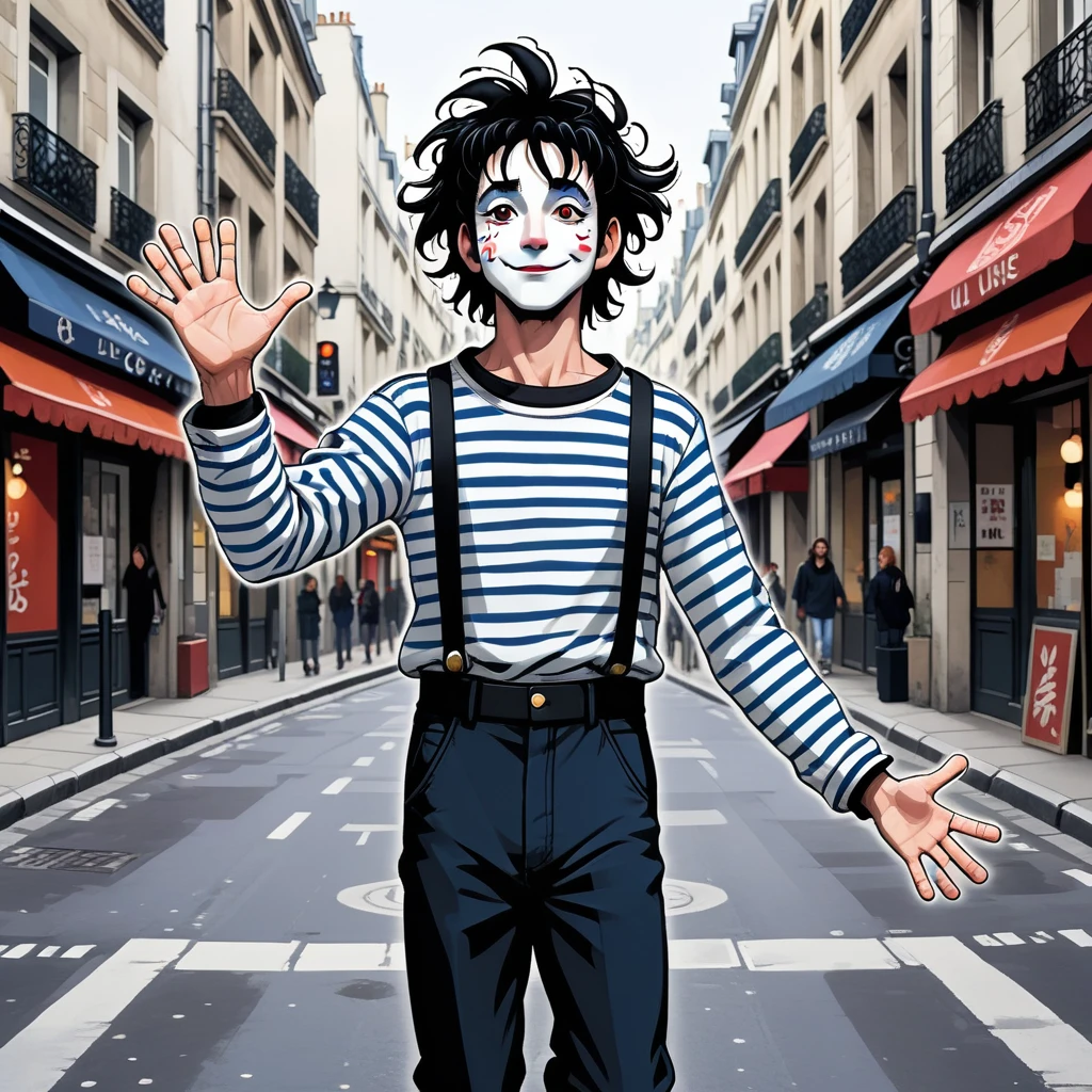 adult tall male mime, shirt grunge, sketchy lines, messy hair, black hair, wearing a beret, score_8_up, score_9_up,happy, has mime makeup on, wearing a mime outfit, dark blue eyes, performing on the streets of paris, showing full body, on a city street, solo, alone, (SOLO)(ALONE) Dancing, arms out, hands open, very happy