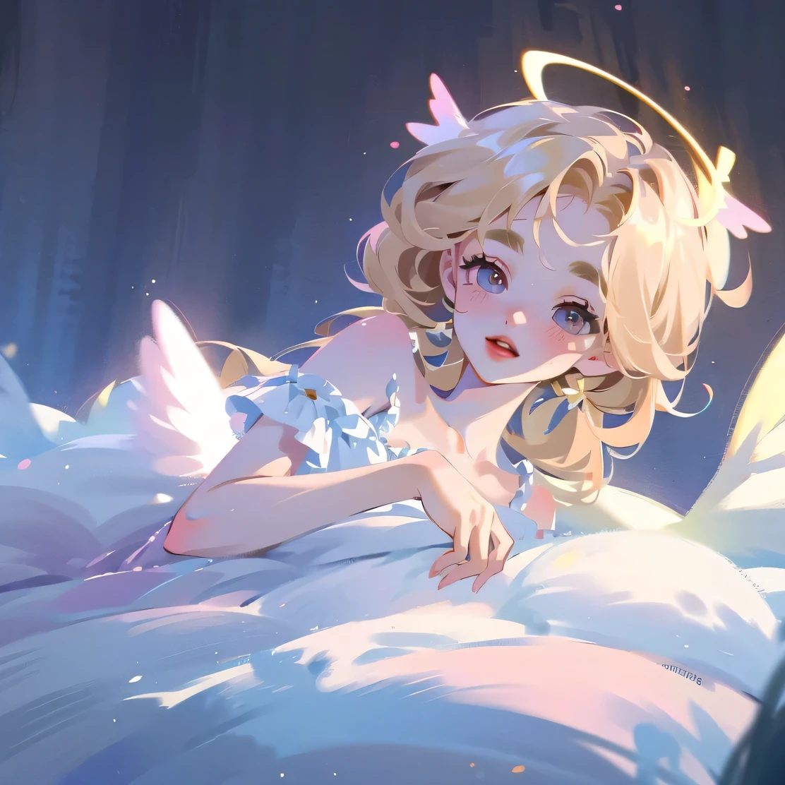(High quality) (best quality) (A woman) (correct physiognomy) (best quality, 4k, 8K, high resolution, masterpiece: 1.2) woman, Extremely beautiful, Around 20 years old, long blonde hair with bangs on the back front, four small angel wings emerge from her head, two on the left side and two on the right side, two angel wings coming out of her back, a golden halo behind her head, golden eyes, sensitive lips, middle age, white dress with straps on the shoulders, skirt cut diagonally leaving one leg exposed, soft features, fine eyebrows, soft skin, slightly rosy cheeks, pink lips, silky eyelashes, dreamy expression, photo location the woman must be in a pond with water and fish in the middle of the forest, photo illuminated by sunlight, full body proportion, showing in the photo the body from head to torso