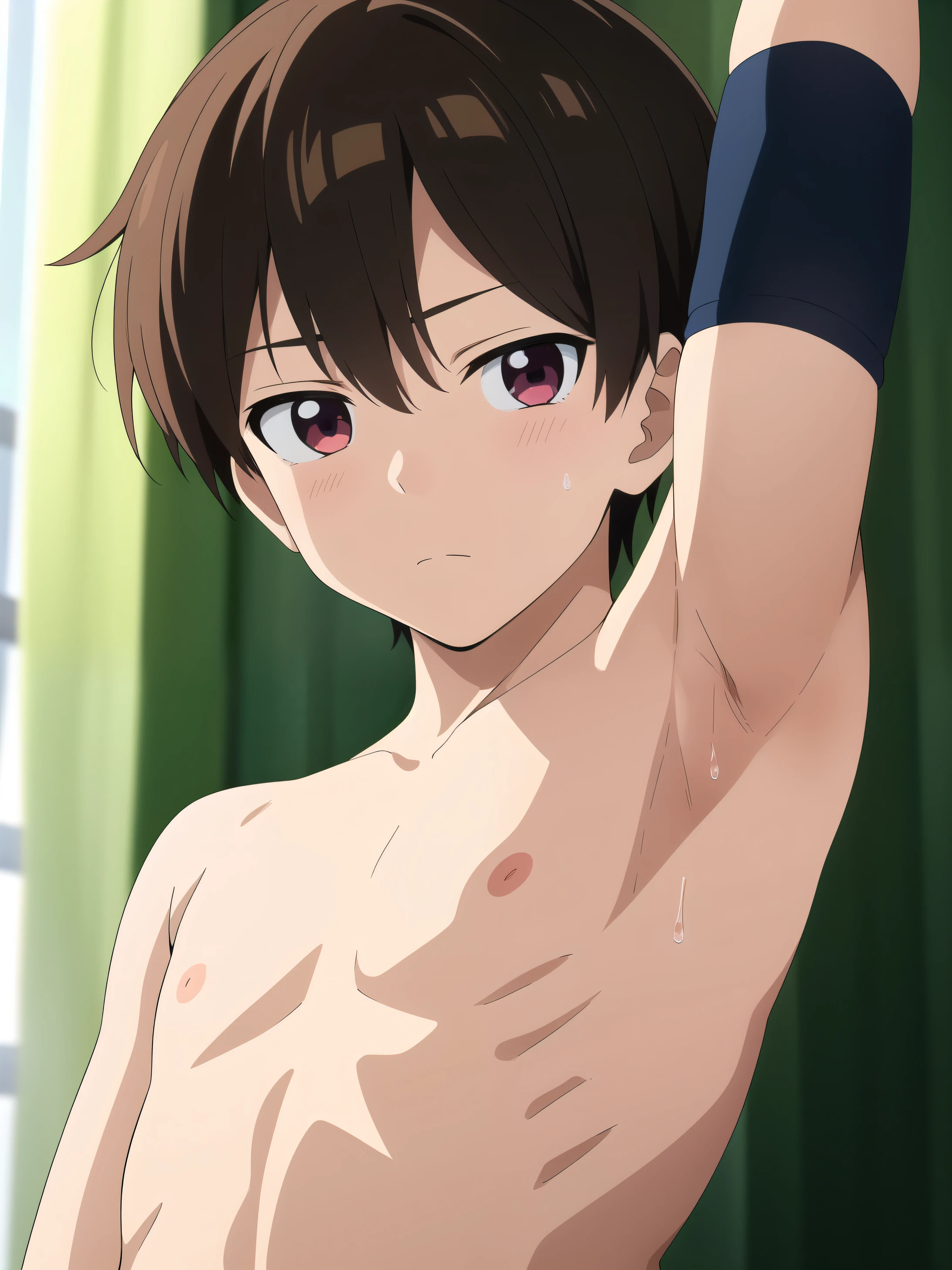 Highres, Masterpiece, Best quality at best,Best Quality,hight quality, hight detailed, anime style, 1boy, Boy, Shota, Solo person, Shirtless, Without cloths, Seen from the front, look at viewer, Look like ****** brother, Body, (very young boy), (very small and short body), **-****-*** boys, Boy cutely shows his armpit, Such a cute smooth armpit, Cute armpit, Sexy armpit, beautiful armpits, seductive armpits, Cute face, hansome boy, seductive pose, uhd, 