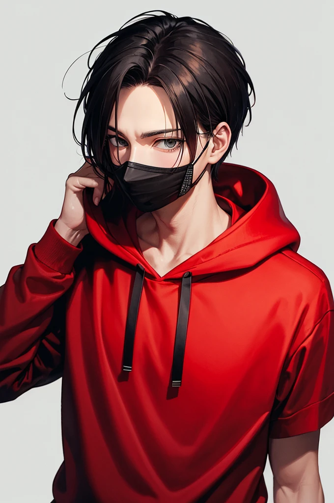 A man with red hoodie wearing a mask, handsome face, Levi Ackerman hairstyle, black hair , high quality masterpiece, black background