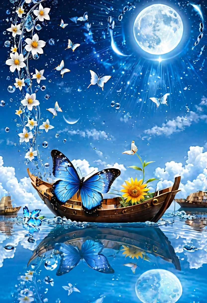 ship glass flower with water drops blue erfly on the sky moon and sun stars