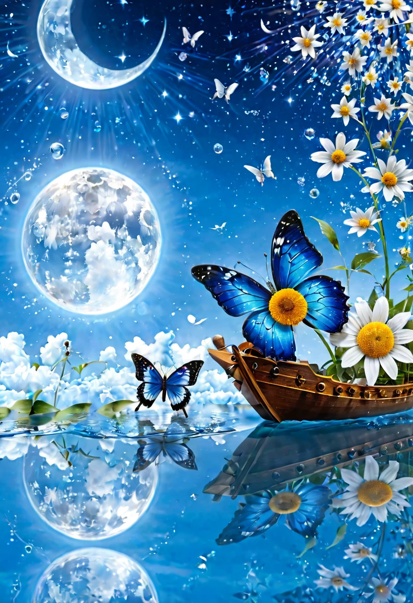 ship glass flower with water drops blue butterfly on the sky moon and sun stars